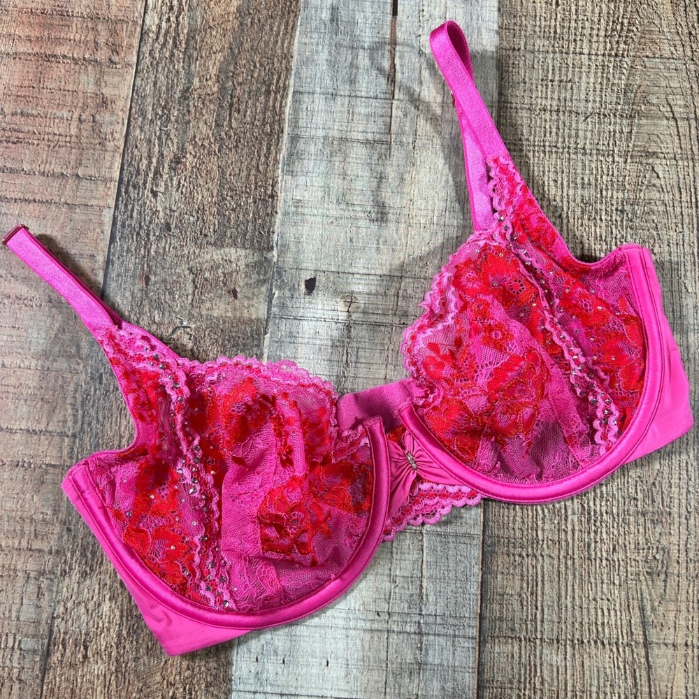 Victoria's Secret Pink Red Floral Lace Rhinestone Unlined Demi Bra 32DD Coquette
